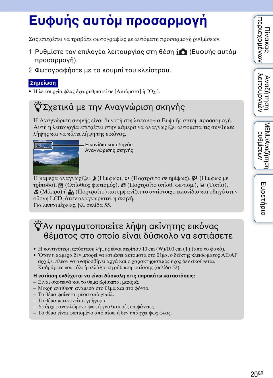 Αυτή η λειτουργία επιτρέπει στην κάμερα να αναγνωρίζει αυτόματα τις συνθήκες λήψης και να κάνει λήψη της εικόνας.
