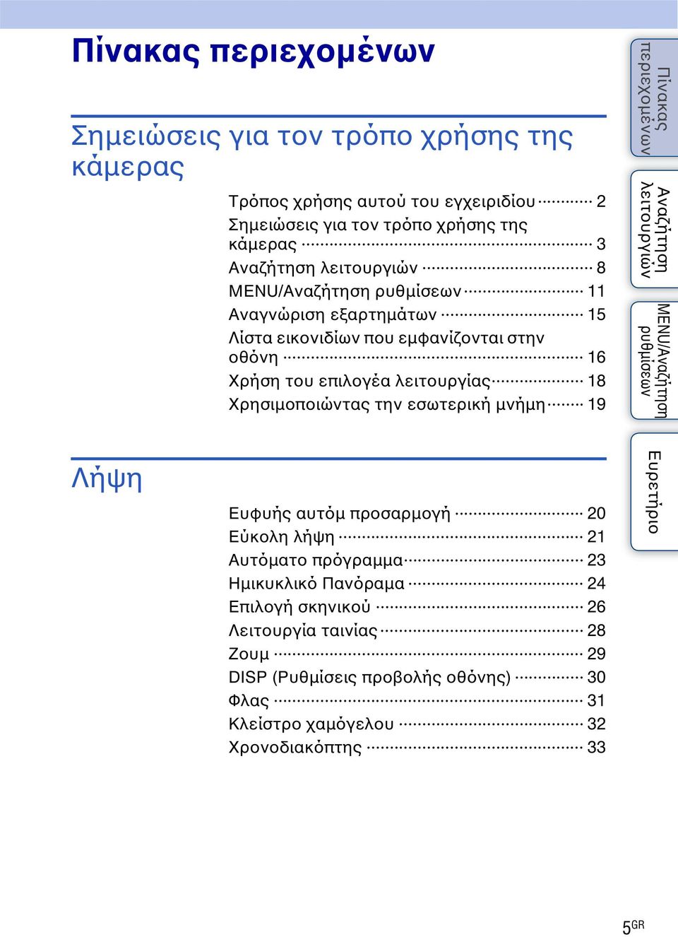 Χρησιμοποιώντας την εσωτερική μνήμη 19 MENU/ Λήψη Ευφυής αυτόμ προσαρμογή 20 Εύκολη λήψη 21 Αυτόματο πρόγραμμα 23 Ημικυκλικό