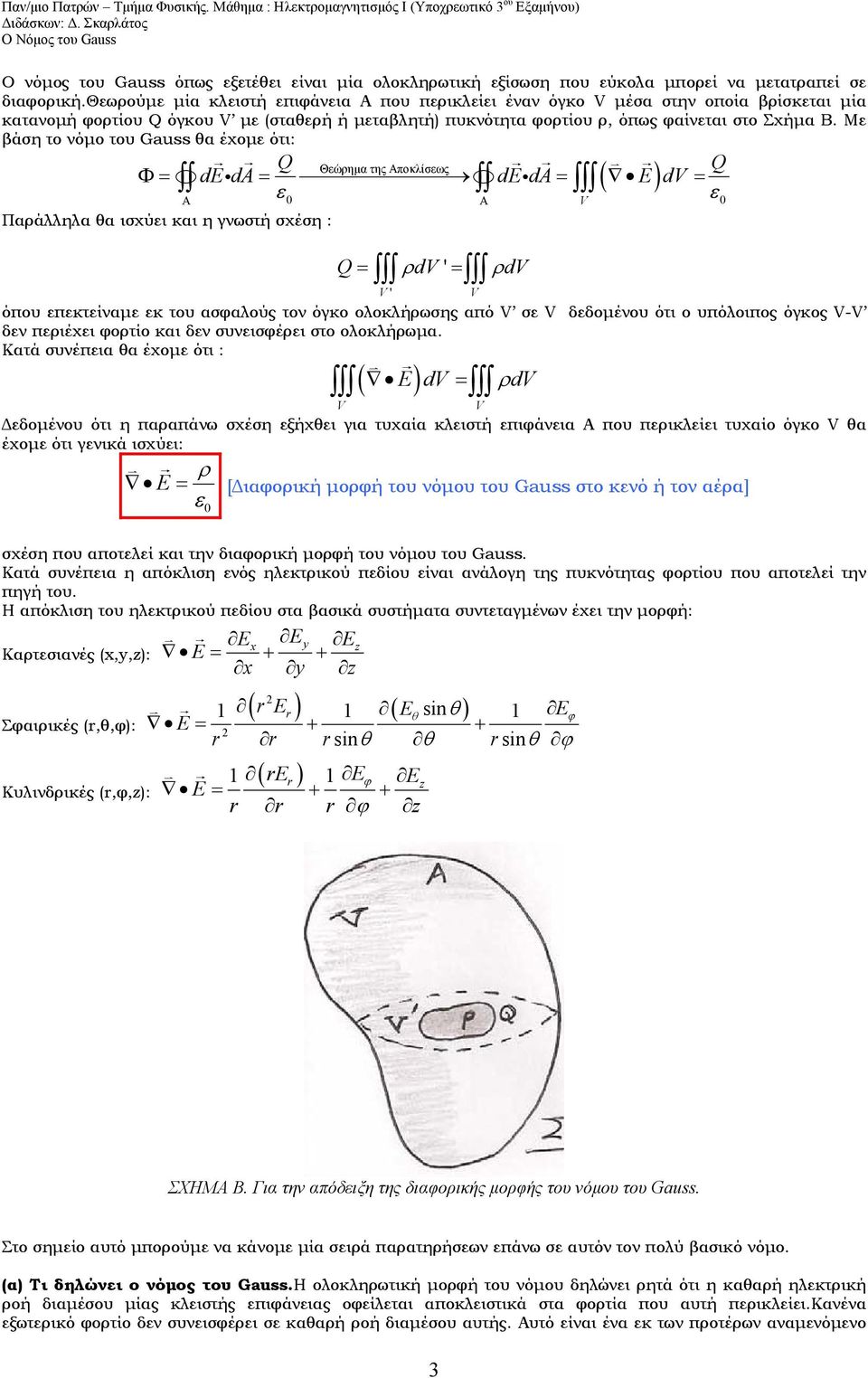 Μ βάση το νόμο του Gauss θα έχομ ότι: Θώρημα της ποκλίσως Φ = dei = de = ( E) d = i Παράλληλα θα ισχύι και η γνωστή σχέση : = ρd ' = ρd ' όπου πκτίναμ κ του ασφαλούς τον όγκο ολοκλήρωσης από σ