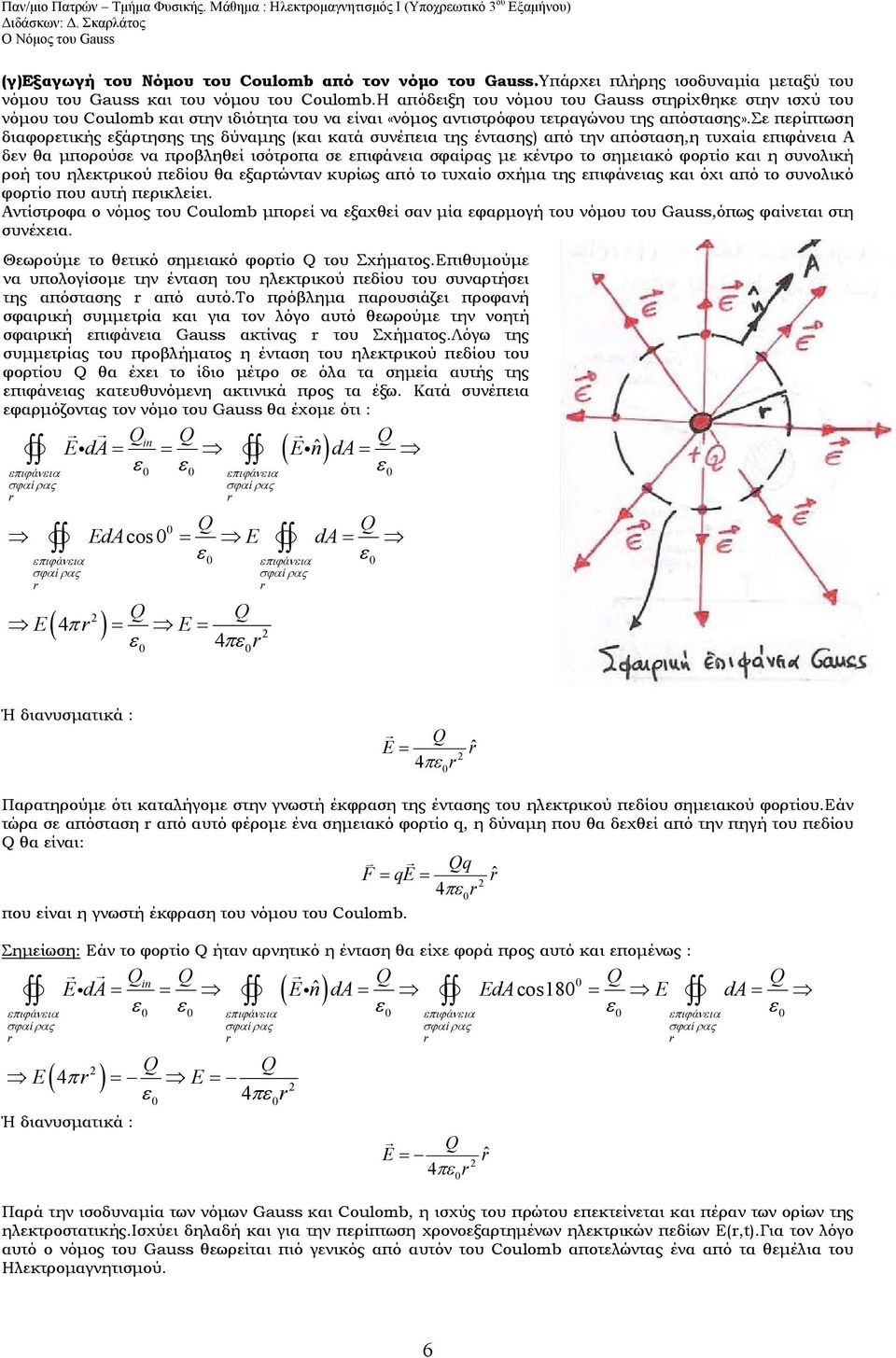 Η απόδιξη του νόμου του Gauss στηρίχθηκ στην ισχύ του νόμου του Coulomb και στην ιδιότητα του να ίναι «νόμος αντιστρόφου ττραγώνου της απόστασης».