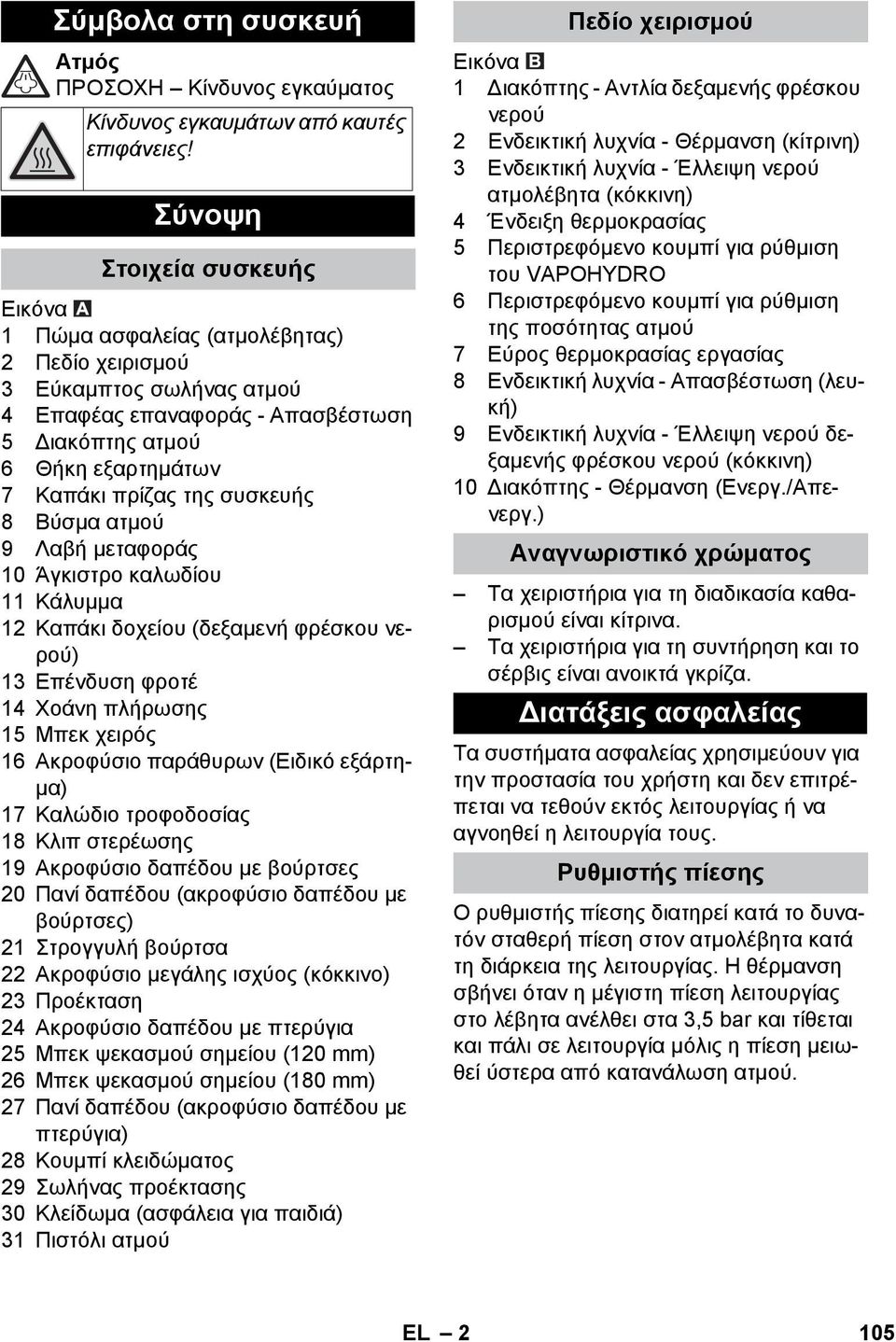 συσκευής 8 Βύσμα ατμού 9 Λαβή μεταφοράς 10 Άγκιστρο καλωδίου 11 Κάλυμμα 12 Καπάκι δοχείου (δεξαμενή φρέσκου νερού) 13 Επένδυση φροτέ 14 Χοάνη πλήρωσης 15 Μπεκ χειρός 16 Ακροφύσιο παράθυρων (Ειδικό