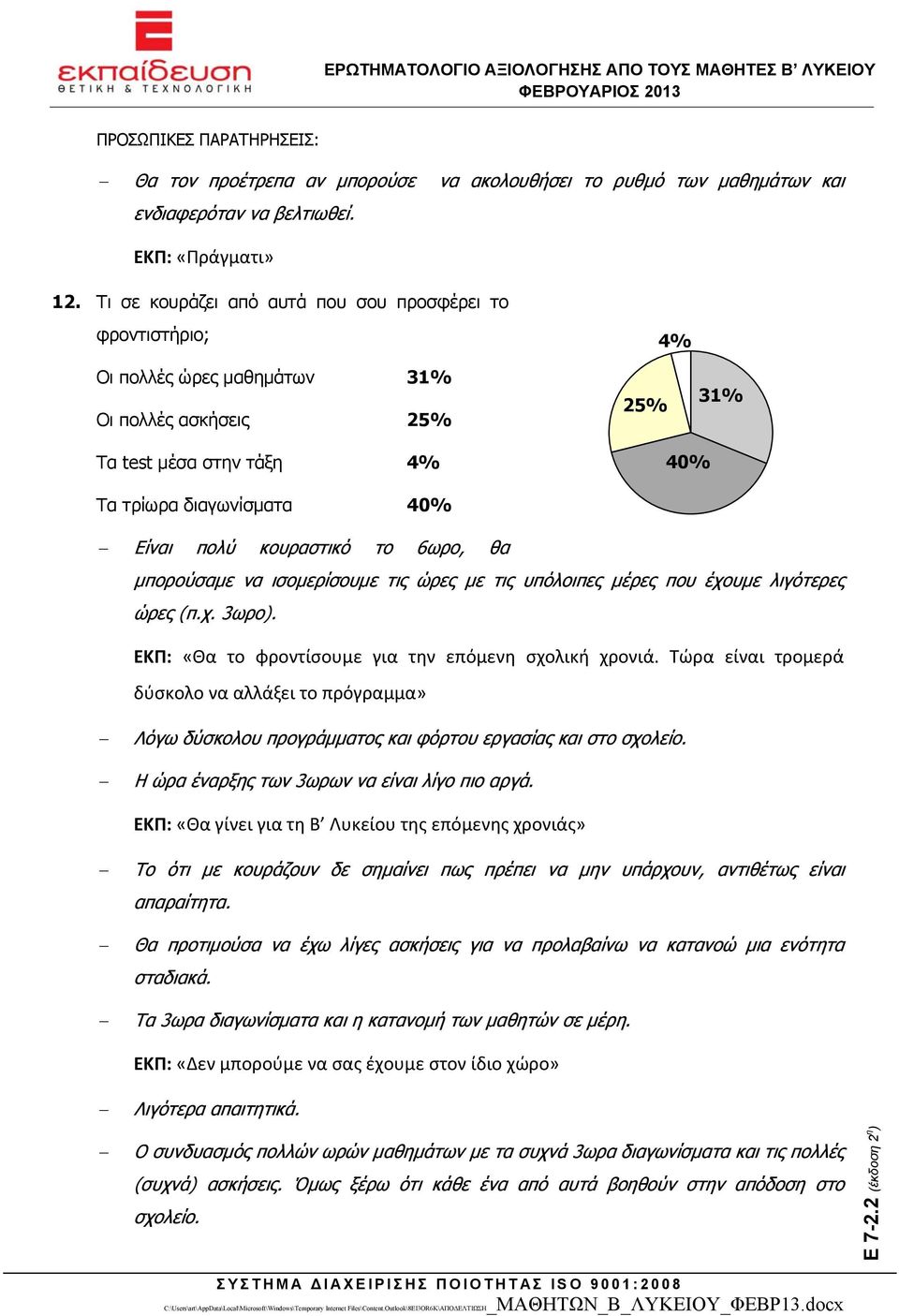 κουραστικό το 6ωρο, θα μπορούσαμε να ισομερίσουμε τις ώρες με τις υπόλοιπες μέρες που έχουμε λιγότερες ώρες (π.χ. 3ωρο). ΕΚΠ: «Θα το φροντίσουμε για την επόμενη σχολική χρονιά.