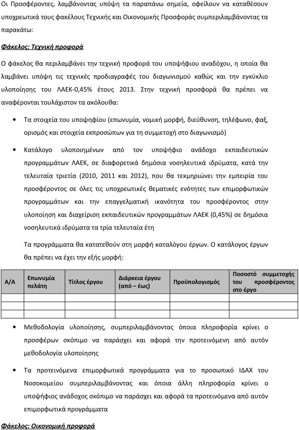 Στην τεχνική προσφορά θα πρέπει να αναφέρονται τουλάχιστον τα ακόλουθα: Τα στοιχεία του υποψηφίου (επωνυμία, νομική μορφή, διεύθυνση, τηλέφωνο, φαξ, ορισμός και στοιχεία εκπροσώπων για τη συμμετοχή