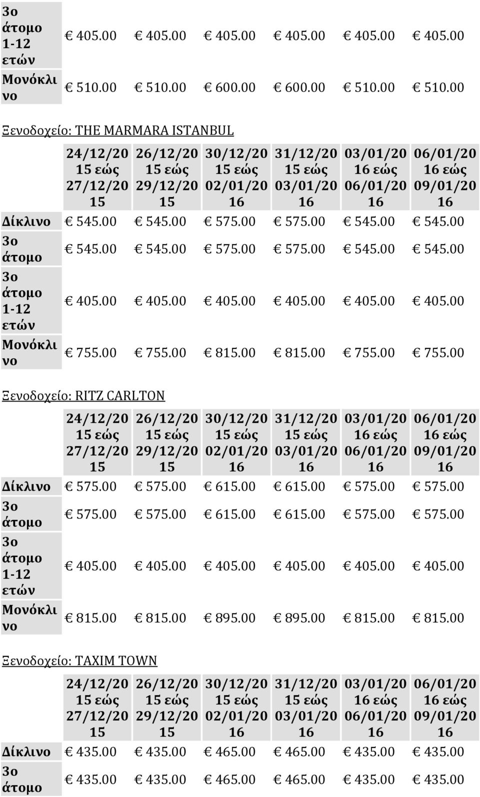 00 8.00 895.00 895.00 8.00 8.00 Ξεδοχείο: TAXIM TOWN 0 εώς εώς Δίκλ 435.00 435.00 465.00 465.00 435.00 435.00 435.00