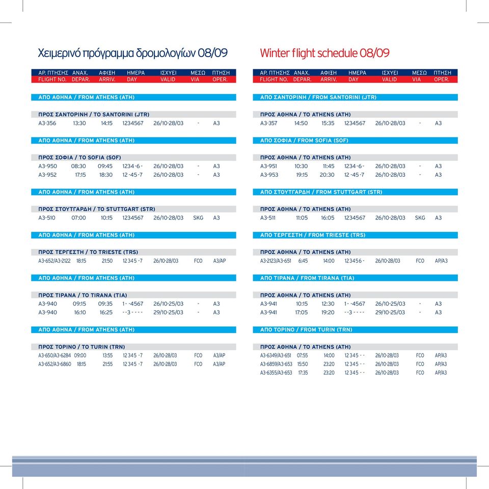 - A3 ΑΠΟ ΣΤΟΥΤΓΑΡΔΗ / FROM STUTTGART (STR) ΠΡΟΣ ΣΤΟΥΤΓΑΡΔΗ / TO STUTTGART (STR) A3-510 07:00 10:15 1234567 26/10-28/03 SKG A3 A3-511 11:05 16:05 1234567 26/10-28/03 SKG A3 ΑΠΟ ΤΕΡΓΕΣΤΗ / FROM TRIESTE