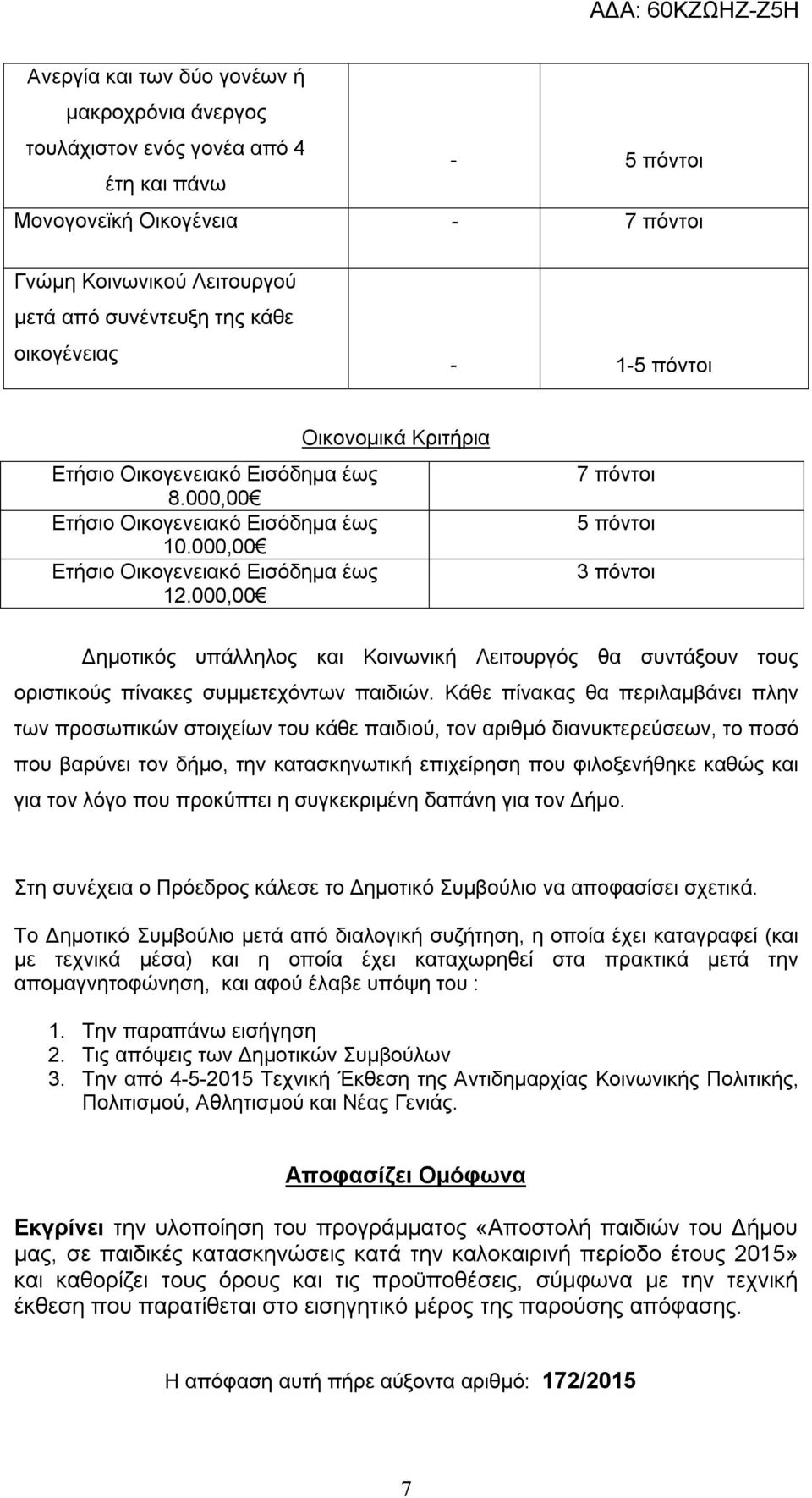 000,00 Οικονομικά Κριτήρια 7 πόντοι 5 πόντοι 3 πόντοι Δημοτικός υπάλληλος και Κοινωνική Λειτουργός θα συντάξουν τους οριστικούς πίνακες συμμετεχόντων παιδιών.