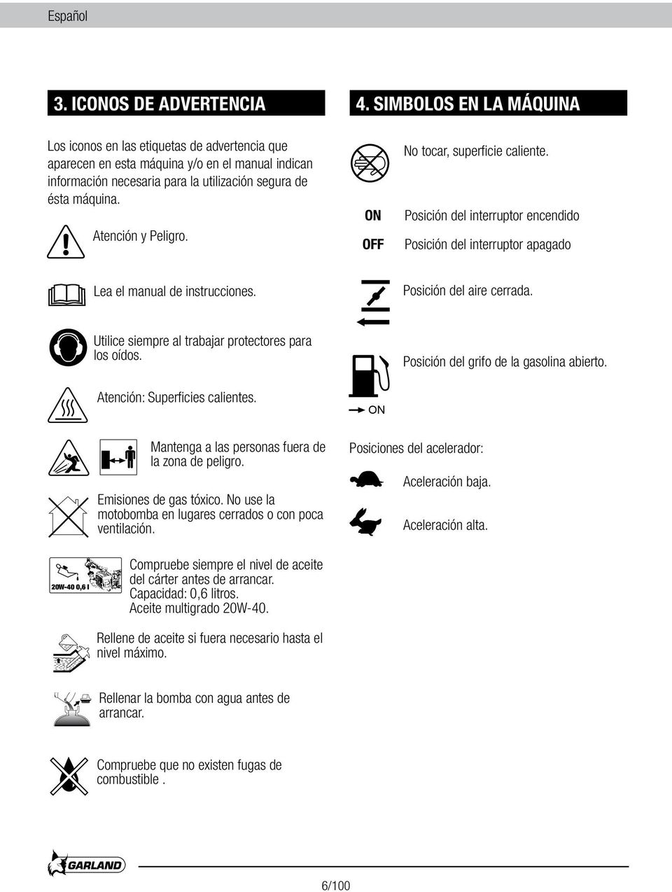 Atención y Peligro. ON OFF No tocar, superficie caliente. Posición del interruptor encendido Posición del interruptor apagado Lea el manual de instrucciones. Posición del aire cerrada.