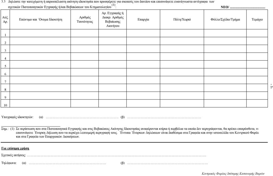Αριθμός Βεβαίωσης Ακινήτου Επαρχία Πόλη/Χωριό Φύλλο/Σχέδιο/Τμήμα Τεμάχιο 7 8-5- 9 10 Υπογραφές ιδιοκτητών: (α) (β) Σημ.