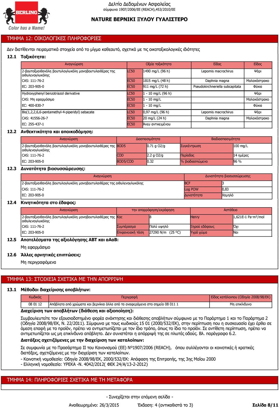 Hydroxyphenyl benzotriazol derivative LC50 1-10 mg/l (96 h) Ψάρι CAS: 1-10 mg/l Μαλακόστρακο EC: 400-830-7 1-10 mg/l Φύκια Bis(1,2,2,6,6-pentamethyl-4-piperidyl) sebacate LC50 0,97 mg/l (96 h)