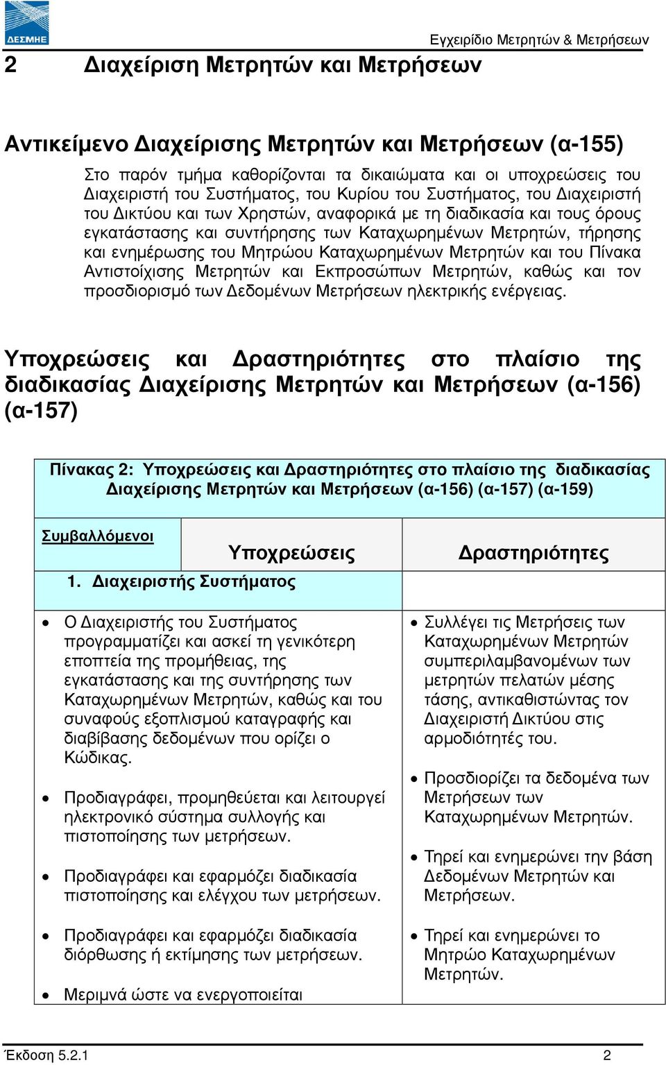 ενηµέρωσης του Μητρώου Καταχωρηµένων Μετρητών και του Πίνακα Αντιστοίχισης Μετρητών και Εκπροσώπων Μετρητών, καθώς και τον προσδιορισµό των εδοµένων Μετρήσεων ηλεκτρικής ενέργειας.