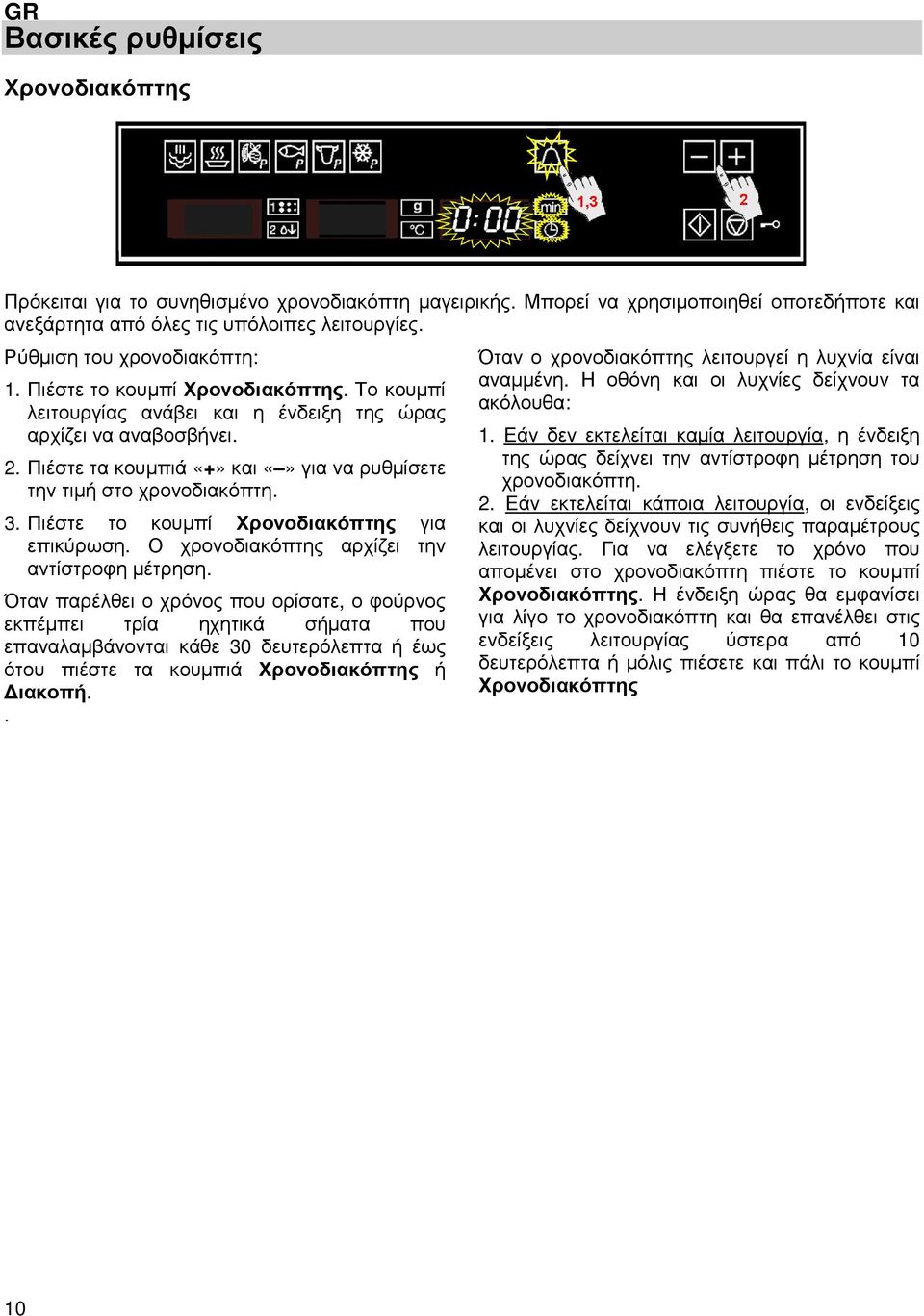 Πιέστε τα κουµπιά «+» και για να ρυθµίσετε την τιµή στο χρονοδιακόπτη. 3. Πιέστε το κουµπί Χρονοδιακόπτης για επικύρωση. Ο χρονοδιακόπτης αρχίζει την αντίστροφη µέτρηση.
