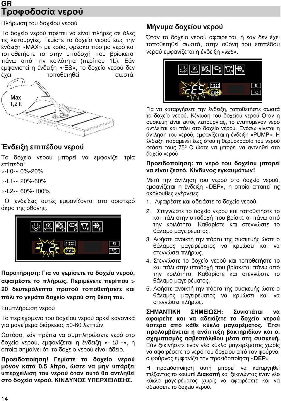 Εάν εµφανιστεί η ένδειξη «res», το δοχείο νερού δεν έχει τοποθετηθεί σωστά.