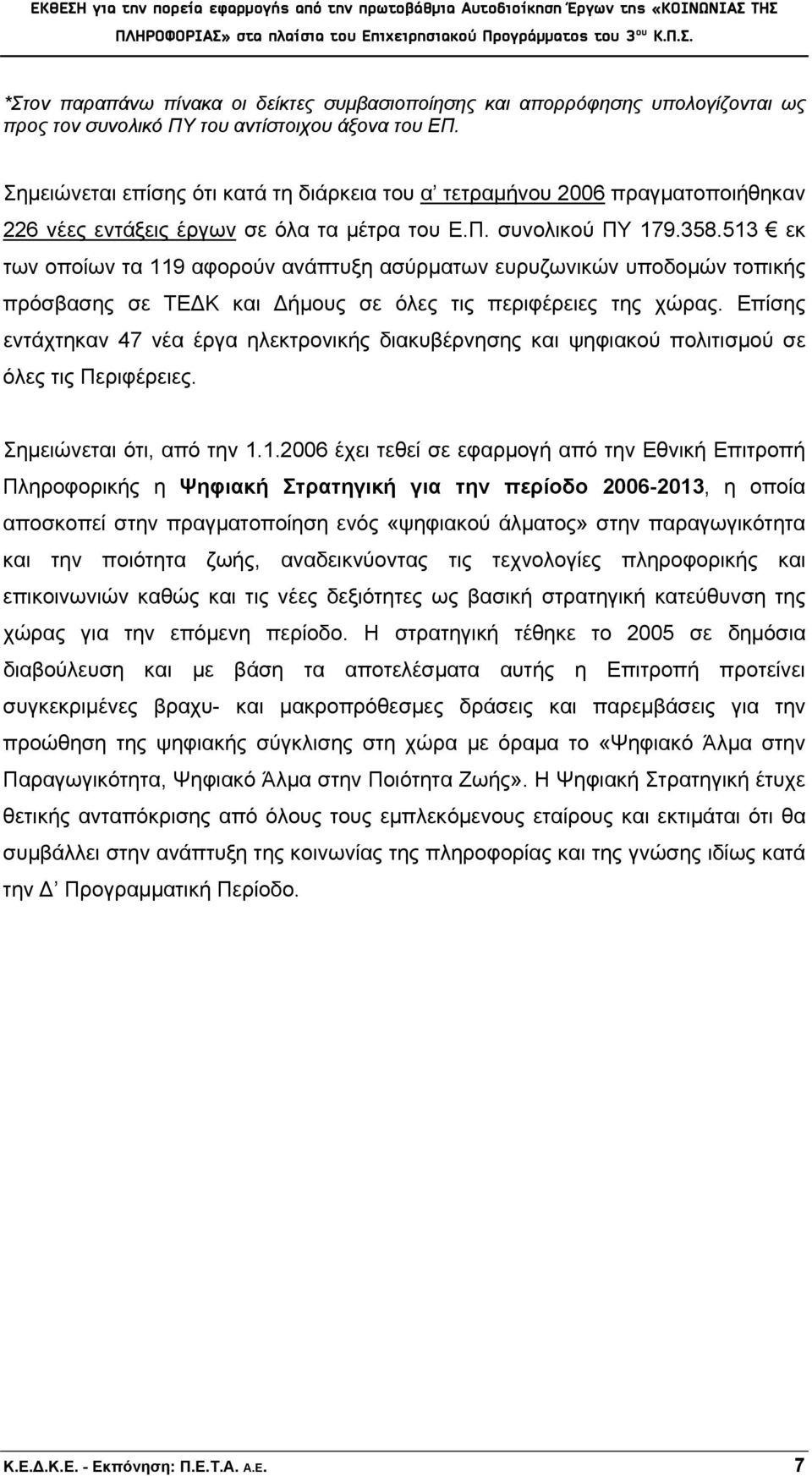 513 εκ των οποίων τα 119 αφορούν ανάπτυξη ασύρματων ευρυζωνικών υποδομών τοπικής πρόσβασης σε ΤΕΔΚ και Δήμους σε όλες τις περιφέρειες της χώρας.