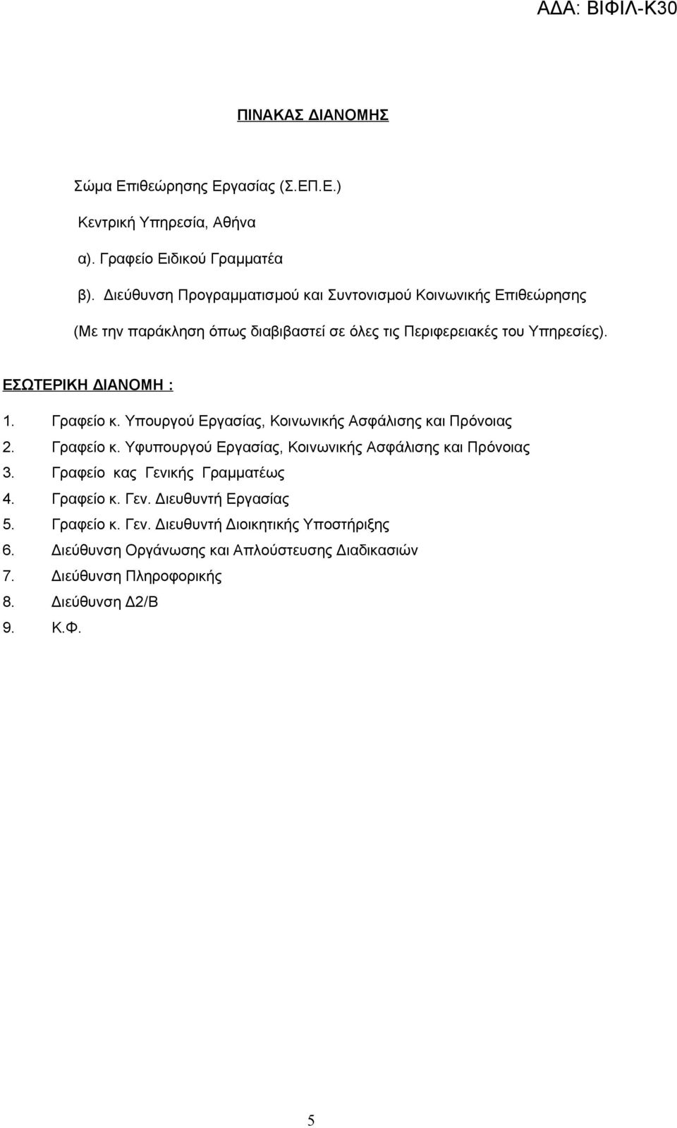 ΕΣΩΤΕΡΙΚΗ ΔΙΑΝΟΜΗ : 1. Γραφείο κ. Υπουργού Εργασίας, Κοινωνικής Ασφάλισης και Πρόνοιας 2. Γραφείο κ. Υφυπουργού Εργασίας, Κοινωνικής Ασφάλισης και Πρόνοιας 3.