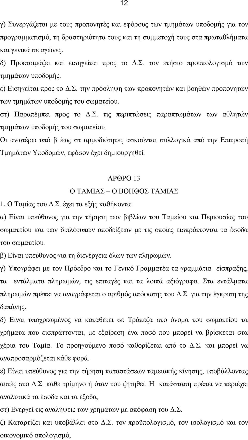 στ) Παραπέμπει προς το Δ.Σ. τις περιπτώσεις παραπτωμάτων των αθλητών τμημάτων υποδομής του σωματείου.