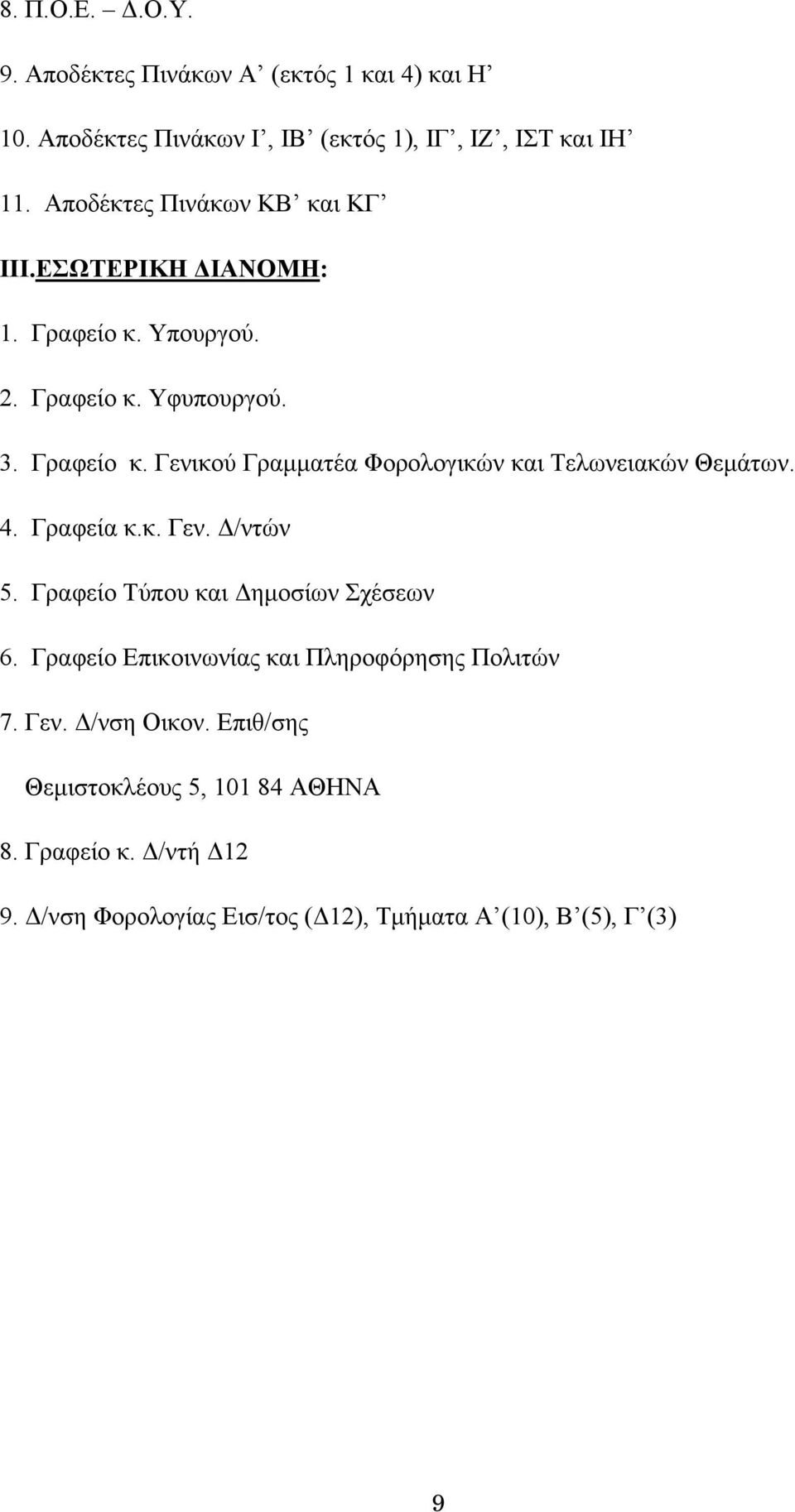 4. Γραφεία κ.κ. Γεν. Δ/ντών 5. Γραφείο Τύπου και Δημοσίων Σχέσεων 6. Γραφείο Επικοινωνίας και Πληροφόρησης Πολιτών 7. Γεν. Δ/νση Οικον.