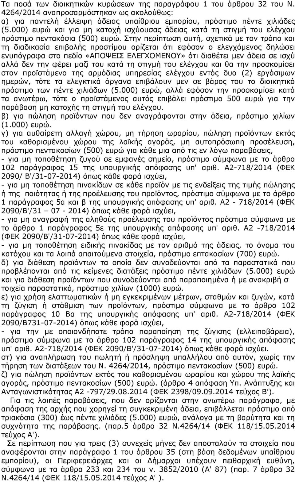 Στην περίπτωση αυτή, σχετικά με τον τρόπο και τη διαδικασία επιβολής προστίμου ορίζεται ότι εφόσον ο ελεγχόμενος δηλώσει ενυπόγραφα στο πεδίο «ΑΠΟΨΕΙΣ ΕΛΕΓΧΟΜΕΝΟΥ» ότι διαθέτει μεν άδεια σε ισχύ αλλά