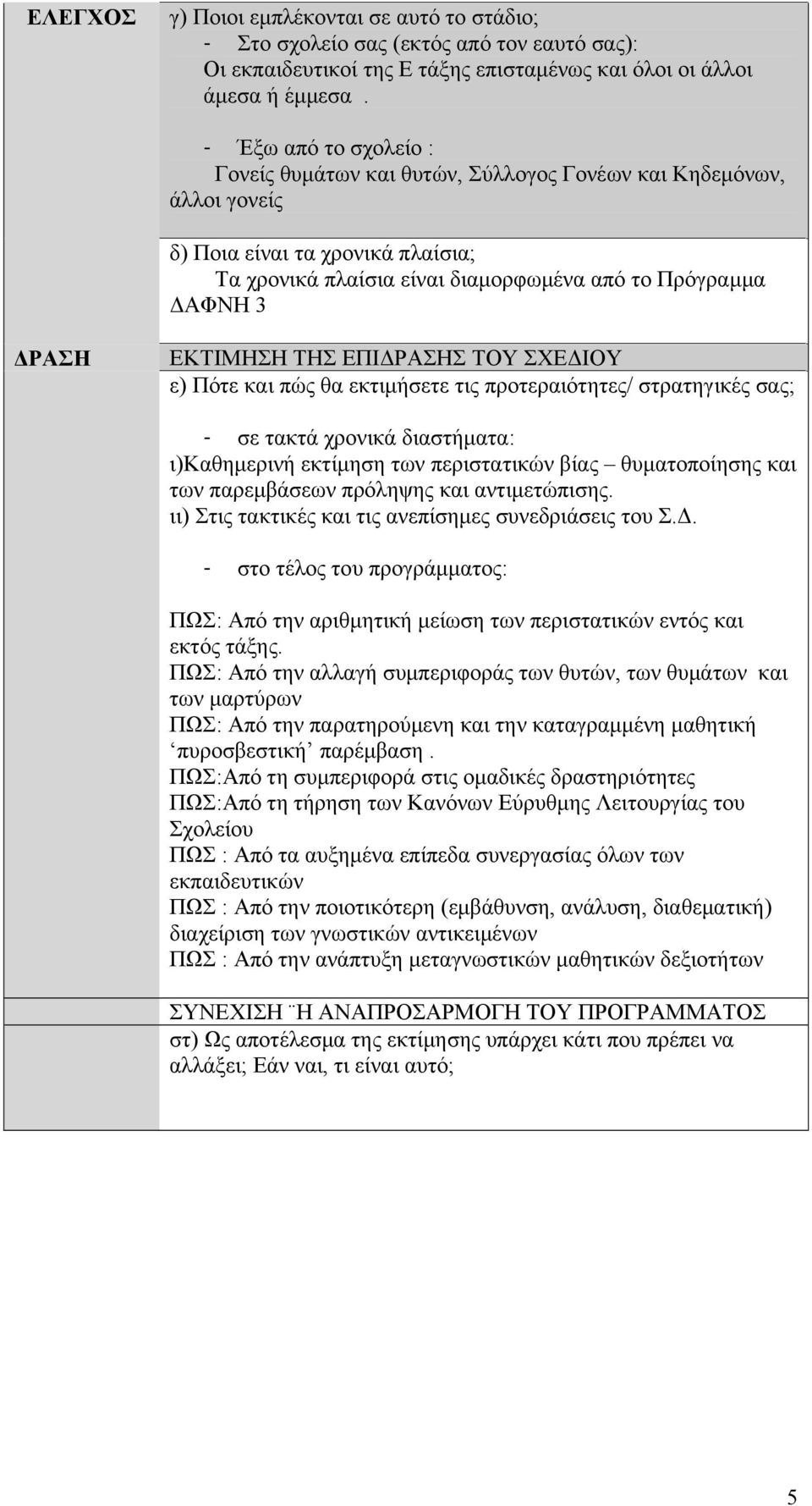 ΕΚΤΙΜΗΣΗ ΤΗΣ ΕΠΙΔΡΑΣΗΣ ΤΟΥ ΣΧΕΔΙΟΥ ε) Πότε και πώς θα εκτιμήσετε τις προτεραιότητες/ στρατηγικές σας; - σε τακτά χρονικά διαστήματα: ι)καθημερινή εκτίμηση των περιστατικών βίας θυματοποίησης και των