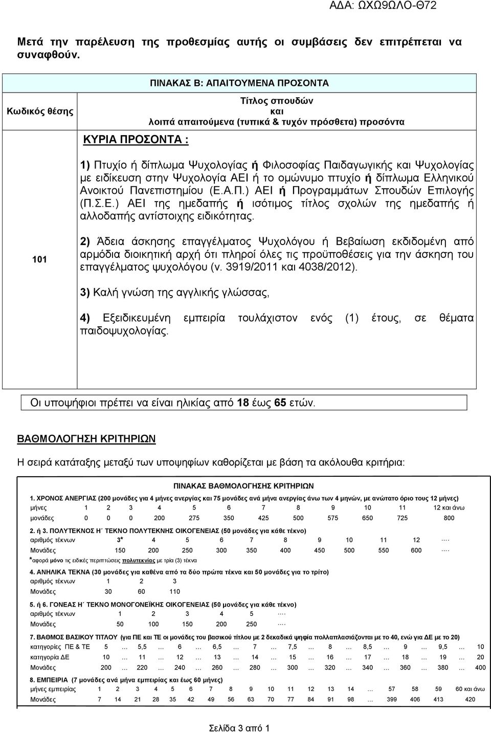 Ψυχολογίας µε ειδίκευση στην Ψυχολογία ΑΕΙ ή το οµώνυµο πτυχίο ή δίπλωµα Ελληνικού Ανοικτού Πανεπιστηµίου (Ε.Α.Π.) ΑΕΙ ή Προγραµµάτων Σπουδών Επιλογής (Π.Σ.Ε.) ΑΕΙ της ηµεδαπής ή ισότιµος τίτλος σχολών της ηµεδαπής ή αλλοδαπής αντίστοιχης ειδικότητας.