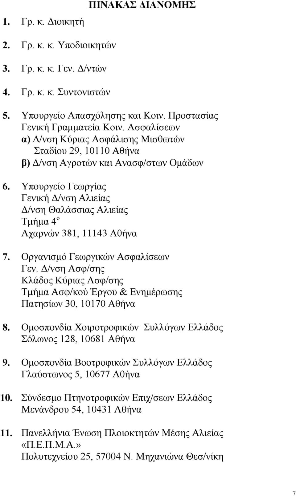 Υπουργείο Γεωργίας Γενική /νση Αλιείας /νση Θαλάσσιας Αλιείας Τµήµα 4 ο Αχαρνών 381, 11143 Αθήνα 7. Οργανισµό Γεωργικών Ασφαλίσεων Γεν.
