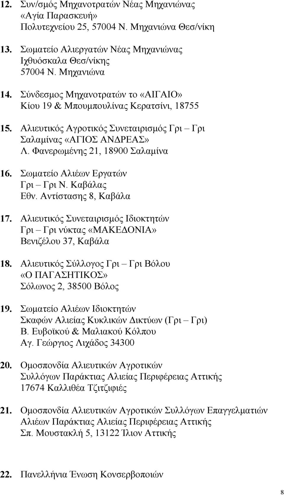 Σωµατείο Αλιέων Εργατών Γρι Γρι Ν. Καβάλας Εθν. Αντίστασης 8, Καβάλα 17. Αλιευτικός Συνεταιρισµός Ιδιοκτητών Γρι Γρι νύκτας «ΜΑΚΕ ΟΝΙΑ» Βενιζέλου 37, Καβάλα 18.