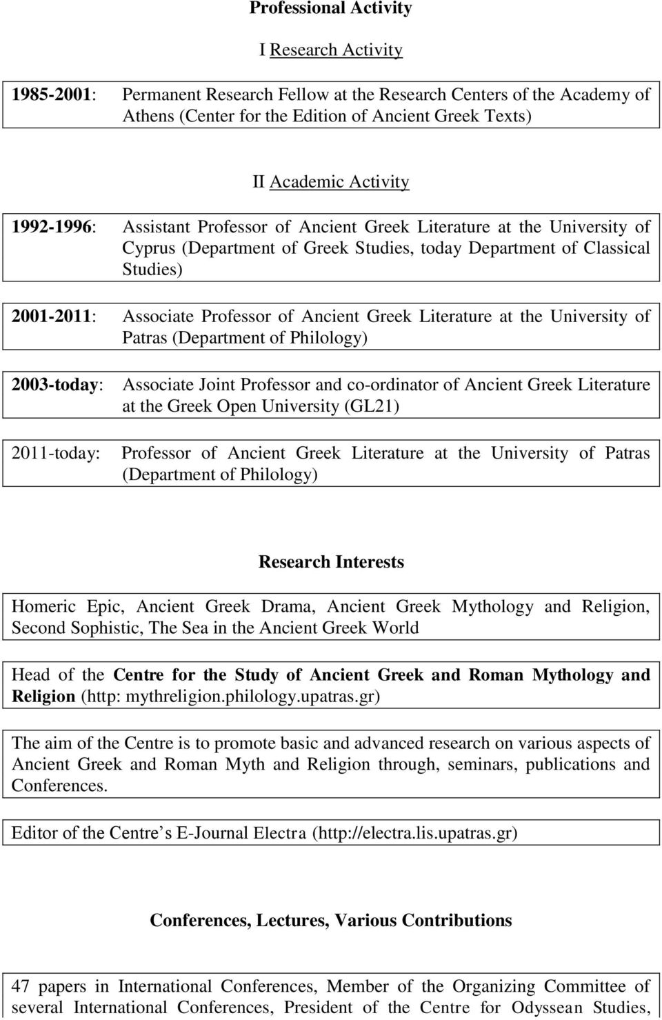 Greek Literature at the University of Patras (Department of Philology) 2003-today: Associate Joint Professor and co-ordinator of Ancient Greek Literature at the Greek Open University (GL21)