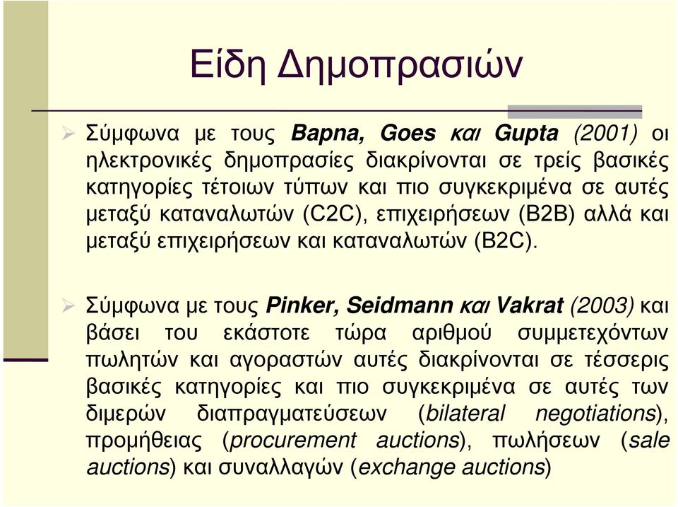 Σύμφωνα με τους Pinker, Seidmann και Vakrat (2003) και βάσει του εκάστοτε τώρα αριθμού συμμετεχόντων πωλητών και αγοραστών αυτές διακρίνονται σε τέσσερις