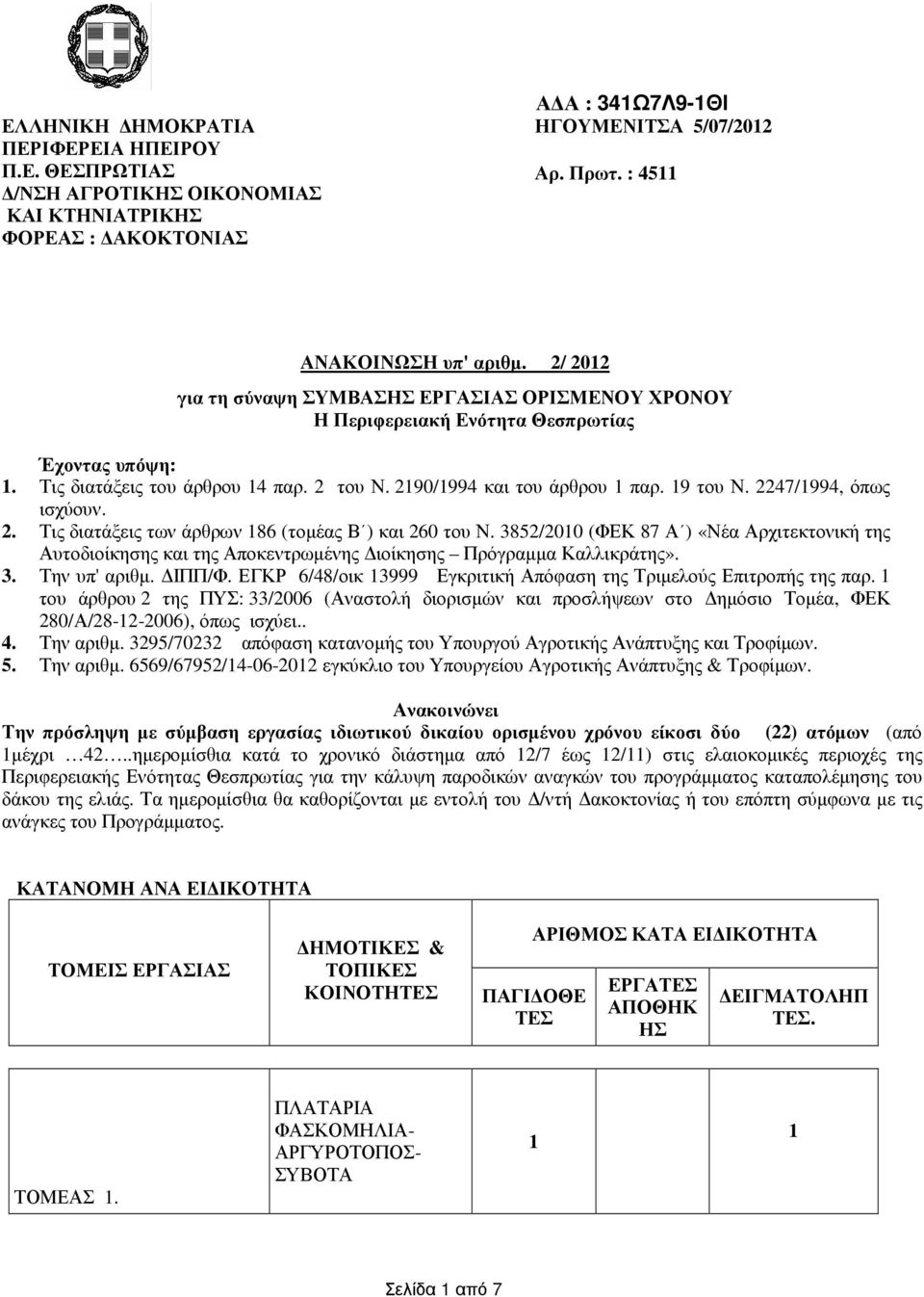 2247/1994, όπως ισχύουν. 2. Τις διατάξεις των άρθρων 186 (τοµέας Β ) και 260 του Ν. 3852/2010 (ΦΕΚ 87 Α ) «Νέα Αρχιτεκτονική της Αυτοδιοίκησης και της Αποκεντρωµένης ιοίκησης Πρόγραµµα Καλλικράτης».