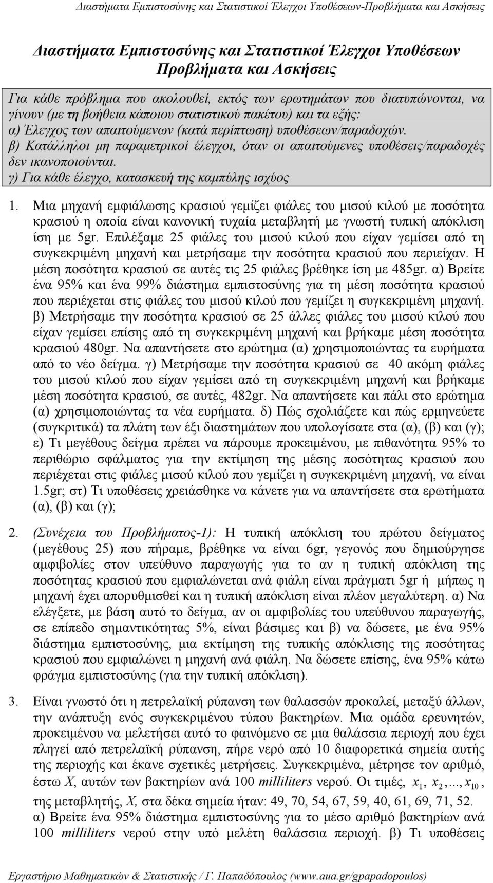 γ) Για κάθε έλεγχο, κατασκευή της καμπύλης ισχύος.