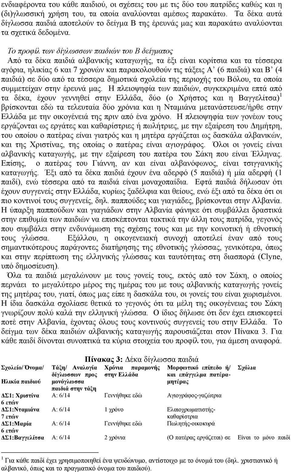 Το προφίλ των δίγλωσσων παιδιών του Β δείγματος Από τα δέκα παιδιά αλβανικής καταγωγής, τα έξι είναι κορίτσια και τα τέσσερα αγόρια, ηλικίας 6 και 7 χρονών και παρακολουθούν τις τάξεις Α (6 παιδιά)