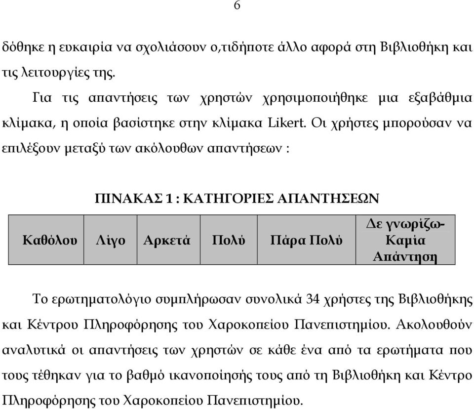 Oι χρήστες µπορούσαν να επιλέξουν µεταξύ των ακόλουθων απαντήσεων : ΠΙΝΑΚΑΣ 1 : ΚΑΤΗΓΟΡΙΕΣ ΑΠΑΝΤΗΣΕΩΝ Καθόλου Λίγο Αρκετά Πολύ Πάρα Πολύ ε γνωρίζω- Καµία Απάντηση Το