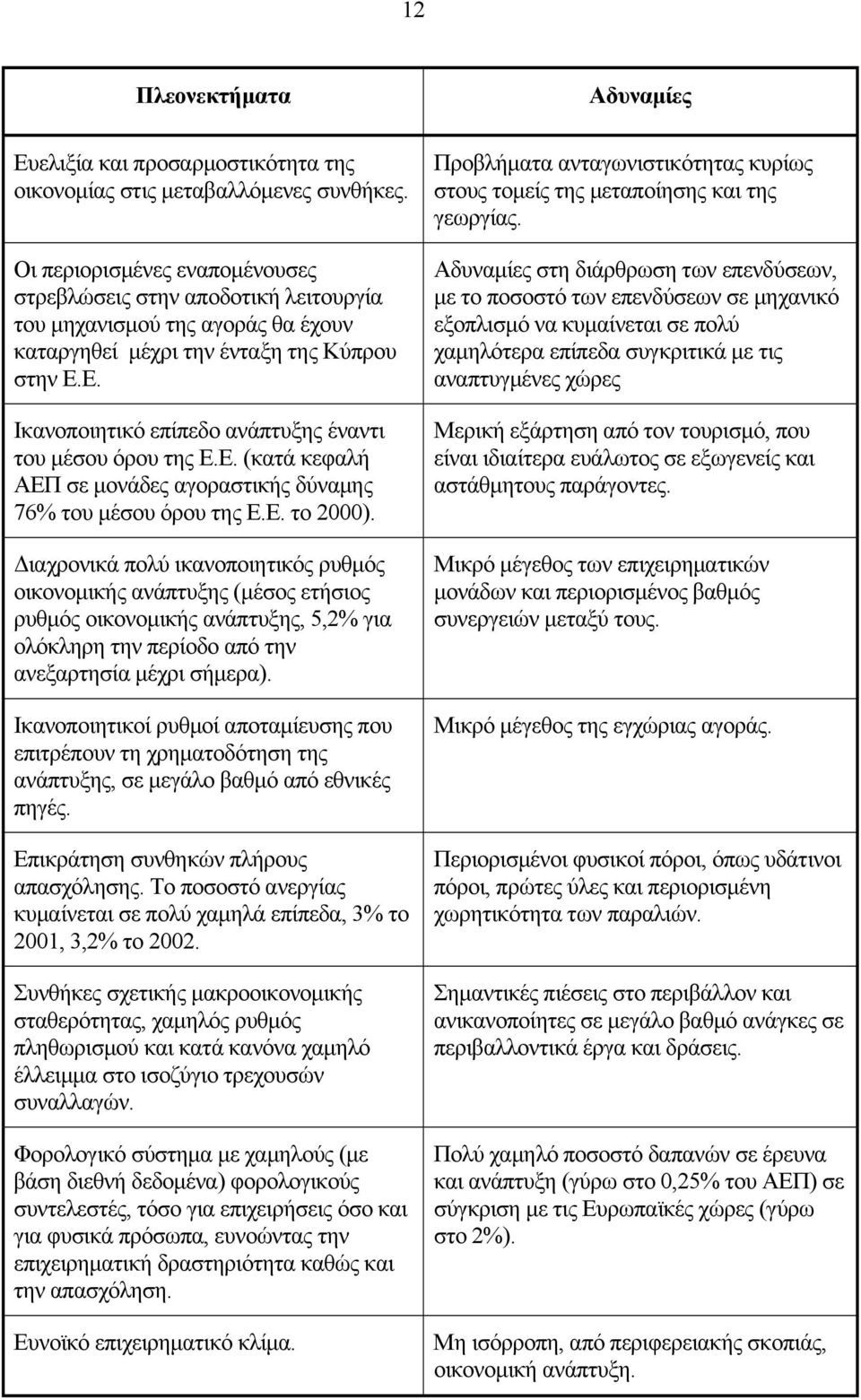 Ε. Ικανοποιητικό επίπεδο ανάπτυξης έναντι του µέσου όρου της Ε.Ε. (κατά κεφαλή ΑΕΠ σε µονάδες αγοραστικής δύναµης 76% του µέσου όρου της Ε.Ε. το 2000).