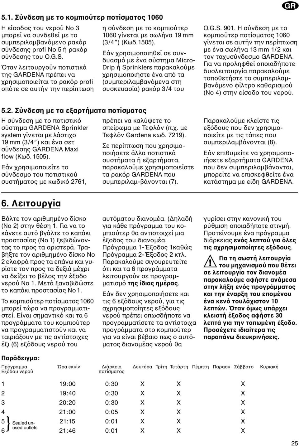 Σύνδεση µε τα εξαρτήµατα ποτίσµατος Η σύνδεση µε το ποτιστικό σύστηµα GDEN Sprinkler system γίνεται µε λάστιχο 19 mm (3/4 ) και ένα σετ σύνδεσης GDEN Maxi flow (Κωδ. 1505).