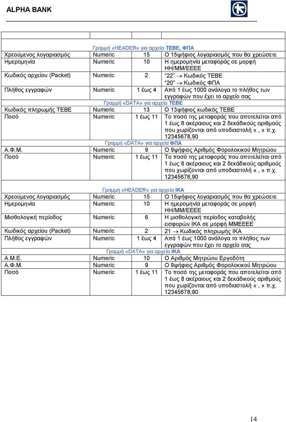 Numeric 13 Ο 13ψήφιος κωδικός ΤΕΒΕ Ποσό Numeric 1 έως 11 Το ποσό της µεταφοράς που αποτελείται από 1 έως 8 ακέραιους και 2 δεκάδικούς αριθµούς που χωρίζονται από υποδιαστολή «,» π.χ. 12345678,90 Γραµµή «DATA» για αρχεία ΦΠΑ Α.