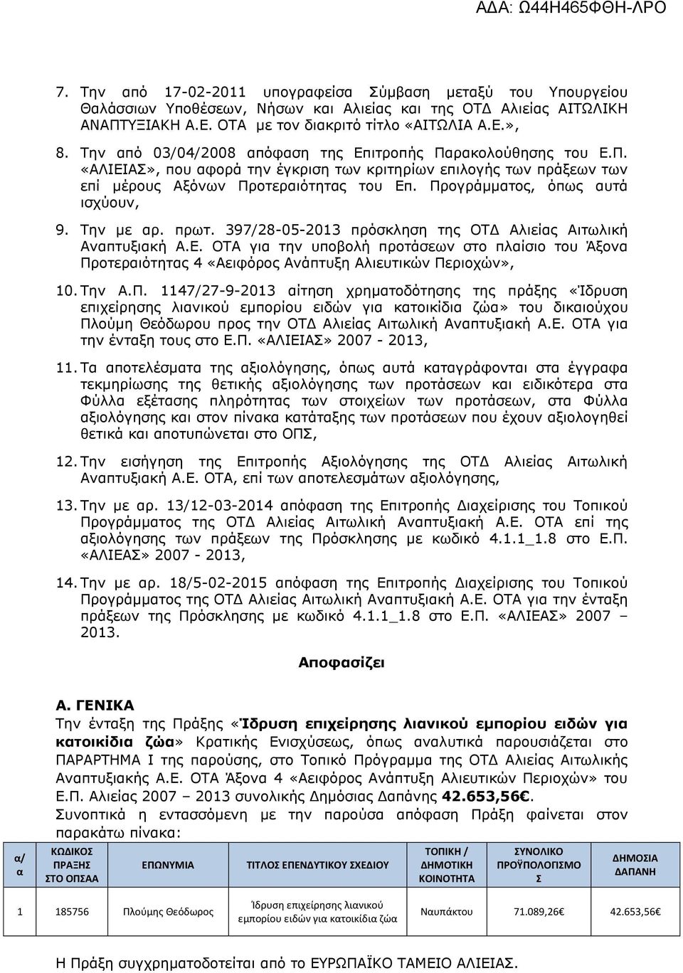 Προγράμματος, όπως αυτά ισχύουν, 9. Την με αρ. πρωτ. 397/28-05-2013 πρόσκληση της ΟΤΔ Αλιείας Αιτωλική Αναπτυξιακή Α.Ε.