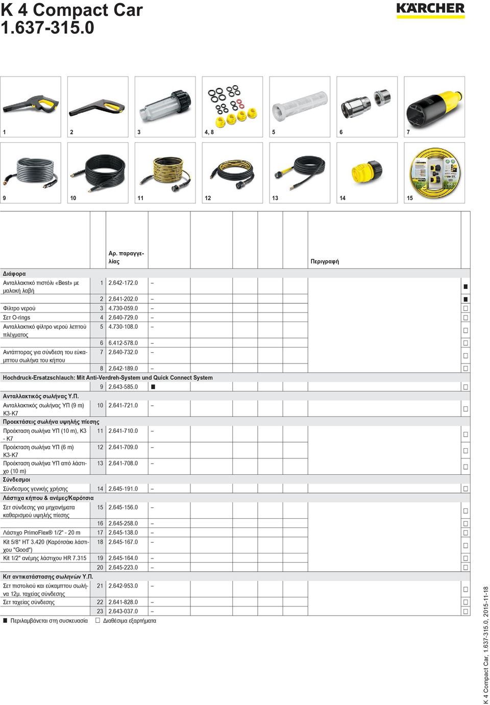 0 Hochdruck-Ersatzschlauch: Mit Anti-Verdreh-System und Quick Connect System 9 2.643-585.0 Ανταλλακτικός σωλήνας Υ.Π. Ανταλλακτικός σωλήνας ΥΠ (9 m) 10 2.641-721.