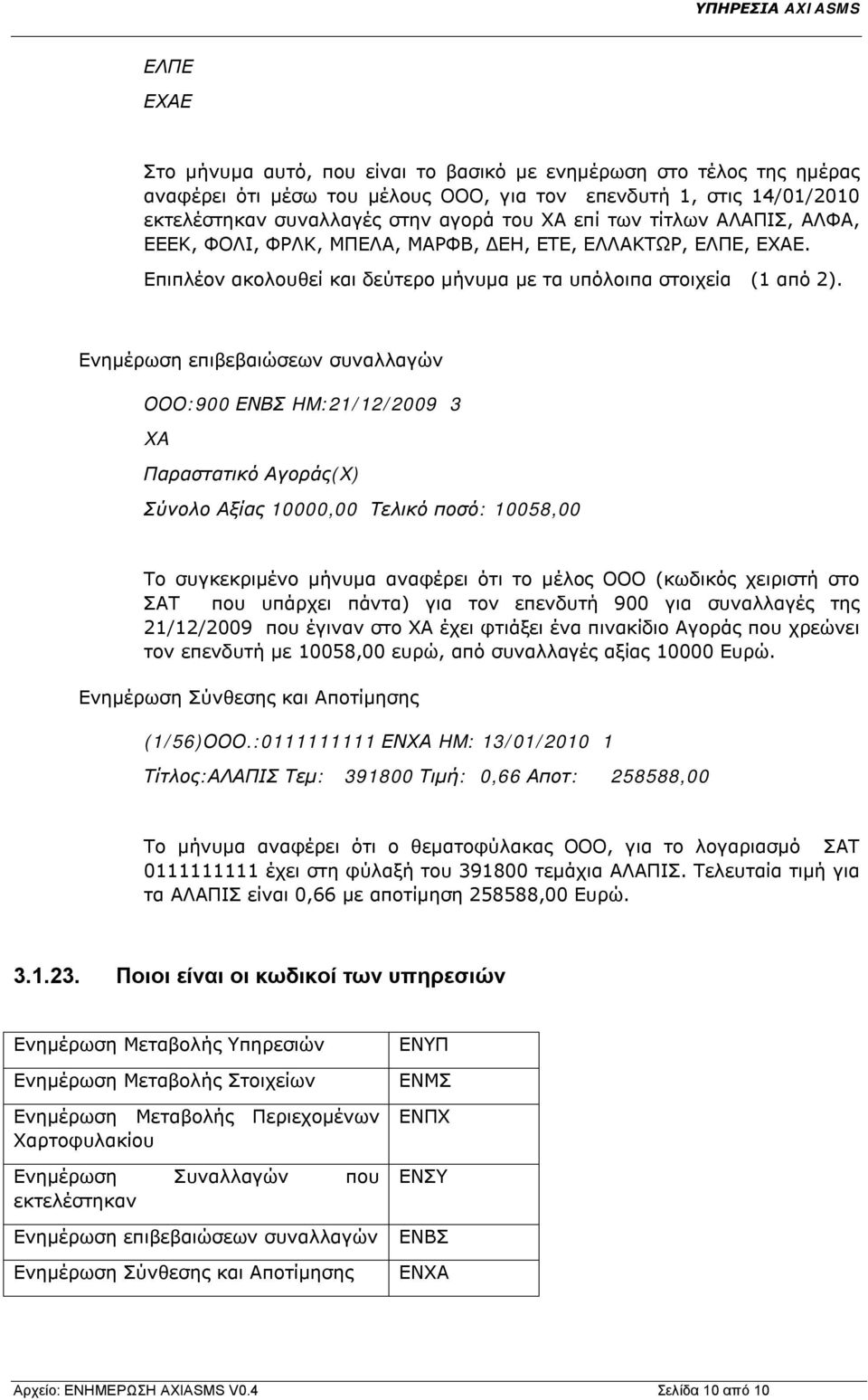 Ενημέρωση επιβεβαιώσεων συναλλαγών ΟΟΟ:900 ΕΝΒΣ HM:21/12/2009 3 XA Παραστατικό Αγοράς(X) Σύνολο Αξίας 10000,00 Τελικό ποσό: 10058,00 Το συγκεκριμένο μήνυμα αναφέρει ότι το μέλος ΟΟΟ (κωδικός χειριστή