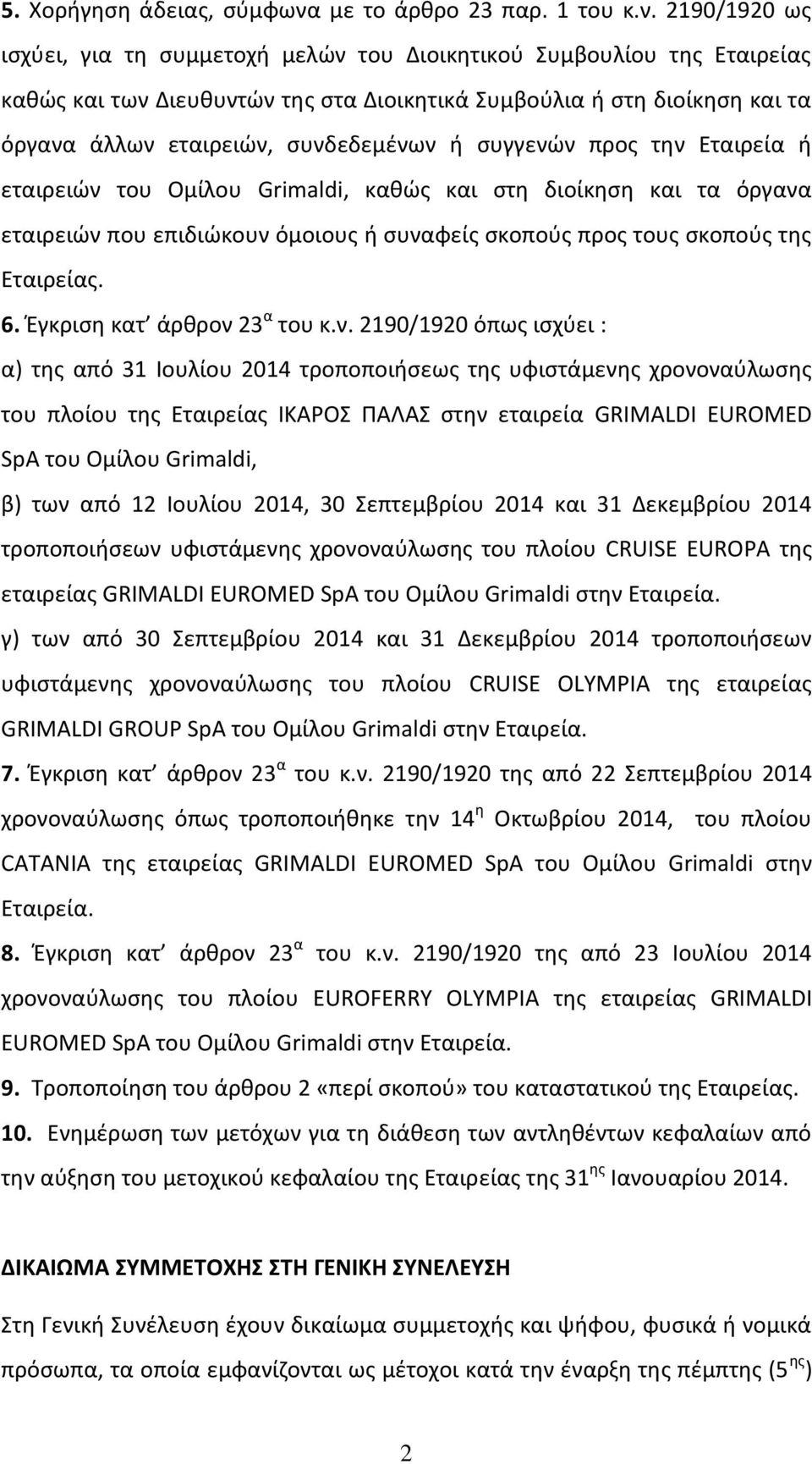 2190/1920 ως ισχύει, για τη συμμετοχή μελών του Διοικητικού Συμβουλίου της Εταιρείας καθώς και των Διευθυντών της στα Διοικητικά Συμβούλια ή στη διοίκηση και τα όργανα άλλων εταιρειών, συνδεδεμένων ή