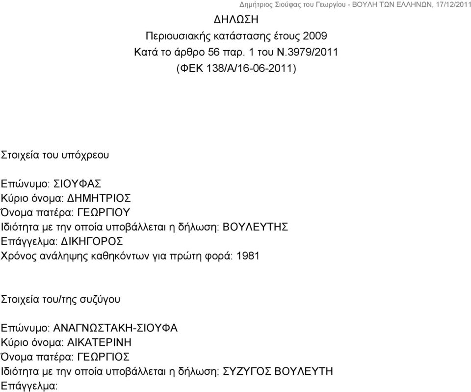 Ιδιότητα με την οποία υποβάλλεται η δήλωση: ΒΟΥΛΕΥΤΗΣ Επάγγελμα: ΔΙΚΗΓΟΡΟΣ Χρόνος ανάληψης καθηκόντων για πρώτη φορά: