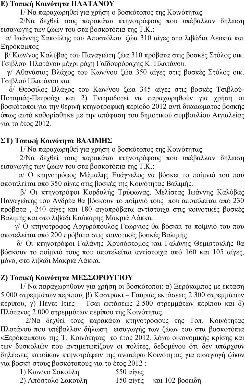 Τσιβλού Πλατάνου και δ/ Θεόφιλος Βλάχος του Κων/νου ζώα 345 αίγες στις βοσκές Τσιβλού- Ποταμιάς-Πετρούχι και 2) Γνωμοδοτεί να παραχωρηθούν για χρήση οι βοσκότοποι για την θερινή κτηνοτροφική περίοδο