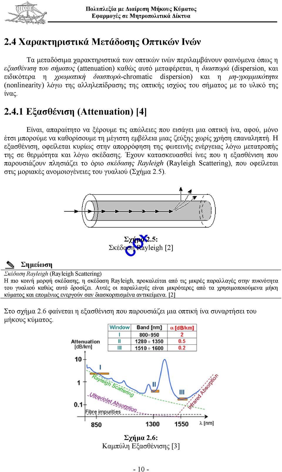 1 Εξασθένιση (Attenuation) [4] Είναι, απαραίτητο να ξέρουµε τις απώλειες που εισάγει µια οπτική ίνα, αφού, µόνο έτσι µπορούµε να καθορίσουµε τη µέγιστη εµβέλεια µιας ζεύξης χωρίς χρήση επαναληπτή.