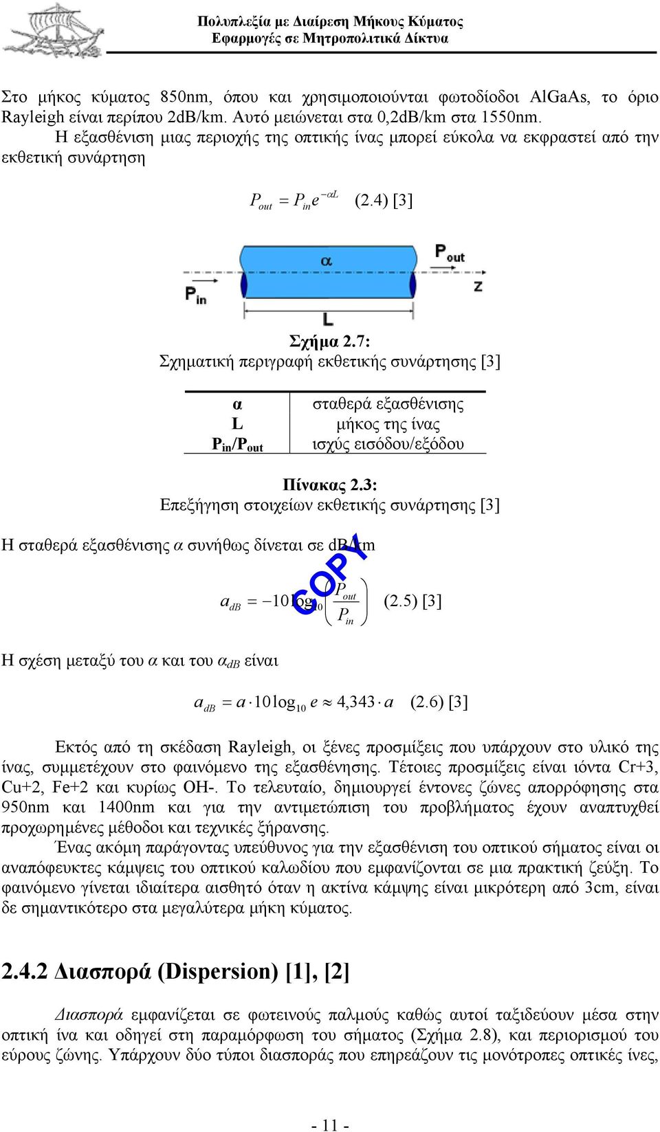 7: Σχηµατική περιγραφή εκθετικής συνάρτησης [3] α L P in /P out σταθερά εξασθένισης µήκος της ίνας ισχύς εισόδου/εξόδου Πίνακας 2.