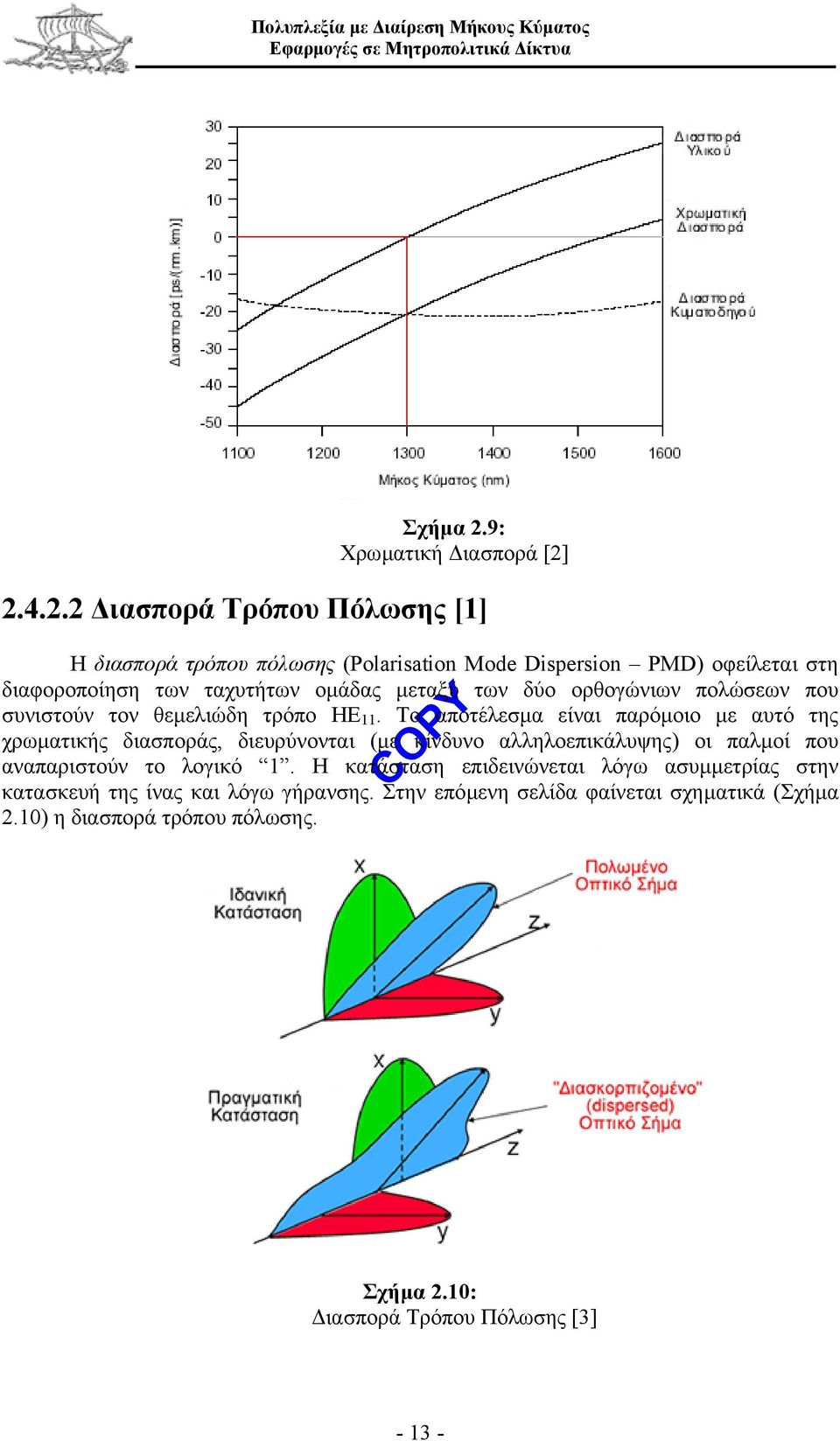 2.4.2.2 ιασπορά Τρόπου Πόλωσης [1] Η διασπορά τρόπου πόλωσης (Polarisation Mode Dispersion PMD) οφείλεται στη διαφοροποίηση των ταχυτήτων οµάδας µεταξύ