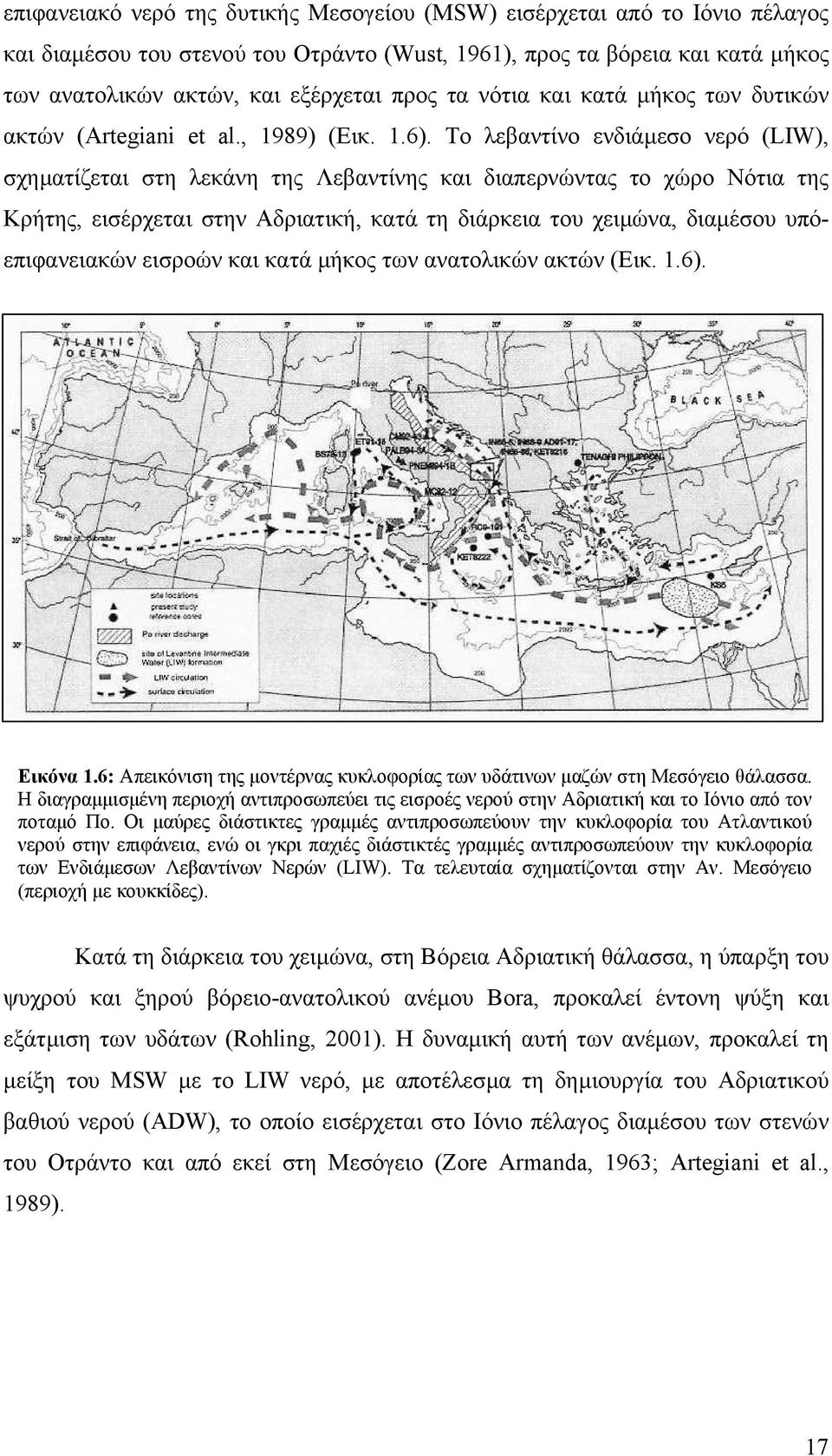 Το λεβαντίνο ενδιάµεσο νερό (LIW), σχηµατίζεται στη λεκάνη της Λεβαντίνης και διαπερνώντας το χώρο Νότια της Κρήτης, εισέρχεται στην Αδριατική, κατά τη διάρκεια του χειµώνα, διαµέσου υπόεπιφανειακών