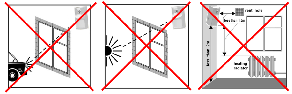 Μην τοποθετείτε τον ανιχνευτή κίνησης κοντά σε πηγές θερμότητας (τζάκια, σόμπες, κλιματιστικά, θερμαντικά σώματα) ή σε οποιαδήποτε θέση που είναι εκτεθειμένη σε ισχυρή ροή αέρα ή άμεση ηλιακή