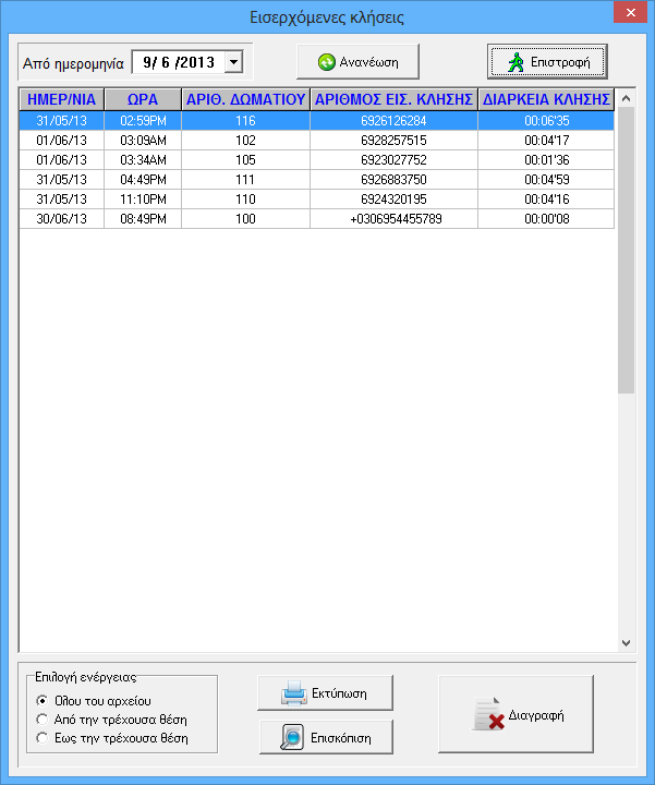 4. Ιστορικό -Εισερχόµενες κλήσεις Στο παράθυρο αυτό εµφανίζονται σε λίστα οι εισερχόµενες κλήσεις που κατέγραψε το Τ/Κ.