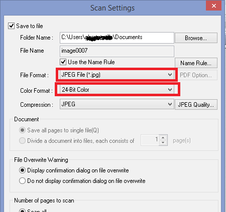 Αλλαγή 3η File Format / Color Format Ακολουθώντας τη διαδρομή: Scan Scan Settings... όπως φαίνεται στην παρακάτω οθόνη, εμφανίζεται το παράθυρο με όνομα Scan Settings.