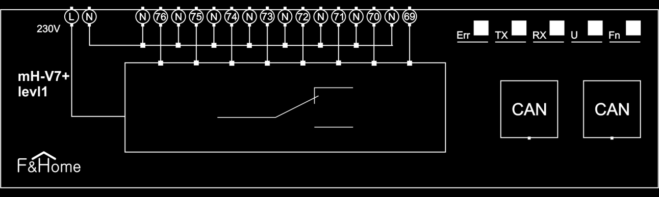 MODUL mh-v7+ Modul mh-v7+ je sedemkanálový vykonávací modul na ovládanie elektromagnetických ventilov napájaných napätím 230 V. Spolupracuje s modulom senzorov mh-s8 fungujúcim na tej istej úrovni.