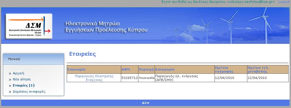 Εικόνα 7: Καταχωρημένη εταιρεία Αν η εταιρεία είναι Παραγωγός, τότε στο Μενού «Νέα αίτηση» θα εμφανιστούν επιλογές που επιτρέπουν την ένταξη εγκαταστάσεων ΑΠΕ/ΣΗΘΥΑ.