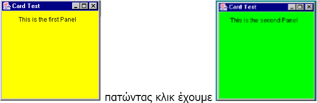 8.7.4. CardLayout Ο CardLayout manager σας επιτρέπει να αντιµετωπίζετε τη διεπαφή σαν µία σειρά από κάρτες, µόνο κάθε µία από τις οποίες είναι ορατή σε κάθε χρονική στιγµή.